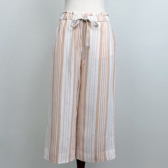 Chico's Tan Stripe 100% Linen Wide Leg Drawstring Waist Cropped Pants - Picture 1 of 8